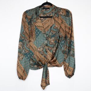 Eclair Womens Satin Button Down Shirt Medium Green Gold Paisley Geometric Office